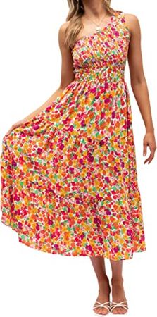 ZESICA Women's 2023 Bohemian Summer Floral Print One Shoulder Sleeveless Smocked Ruffle Tiered Beach Long Midi Dress