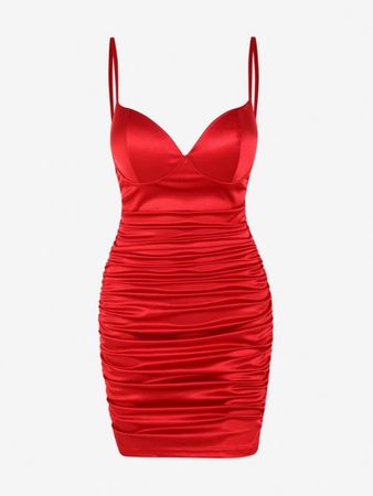 Cupped Bustier Ruched Silky Slip Slinky Mini Dress In RED | ZAFUL 2023