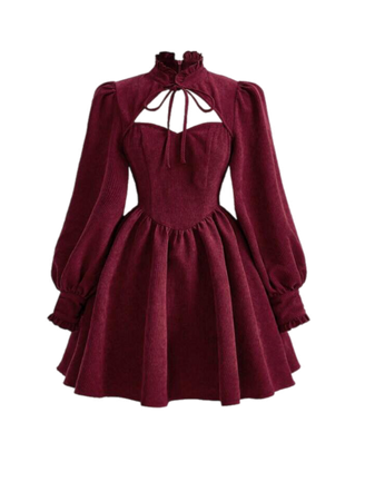 burgundy SHEIN MOD Lantern Sleeve Corduroy Dress With Knotted Neckline