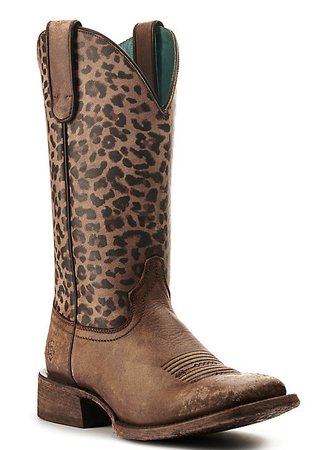 Ariat Women's Naturally Distressed Brown and Leopard Print Wide Square Toe Western Boot