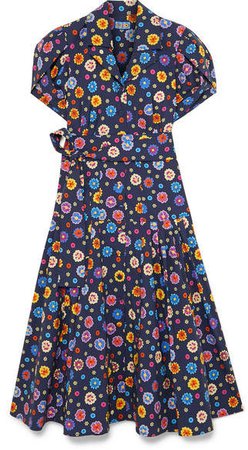 LHD - Glades Belted Floral-print Stretch-cotton Broadcloth Midi Dress - Navy