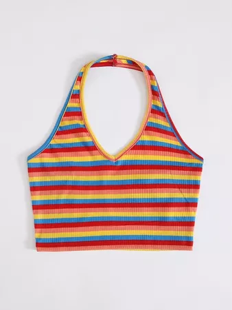 Rainbow Striped Rib-knit Halter Top | SHEIN USA