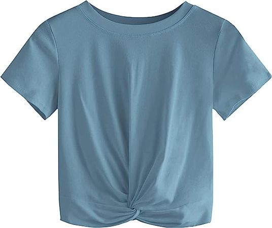 MakeMeChic Women's Summer Crop Top Solid Short Sleeve Twist Front Tee T-Shirt Khaki L at Amazon Women’s Clothing store