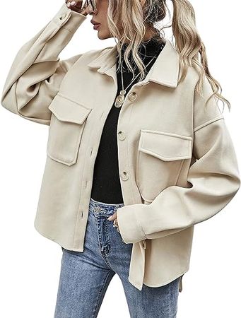 Amazon.com: Himosyber Women's Casual Lounge Solid Lapel Wool Blend Open Front Button Down Jacket Shacket : Clothing, Shoes & Jewelry