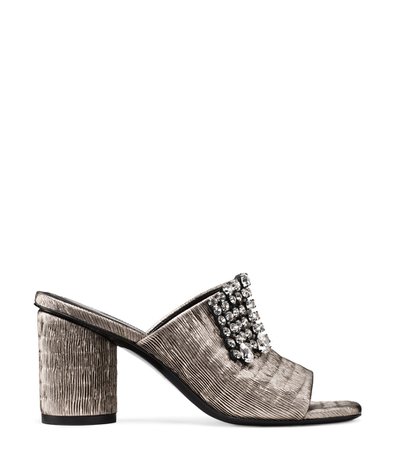 Grey block heel sandals with diamonds