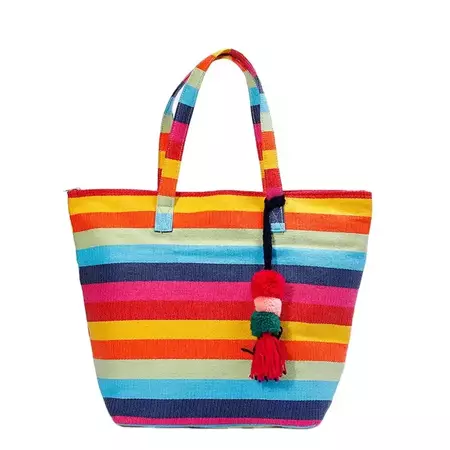 Pretty High Quality Rainbow Color Striped Summer Cute Beach Bag With Fluffy Tassels - Buy Cute Beach Bag,Beach Bag Trends 2022,High Quality Summer Beach Bag Product on Alibaba.com