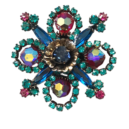 DRAMATIC  brooch with peacock blue rhinestones, unfoiled deep blue long marquis and red aurora borealis