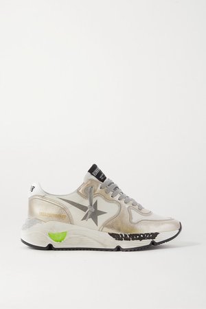 Running Sole Distressed Metallic Leather Sneakers - White
