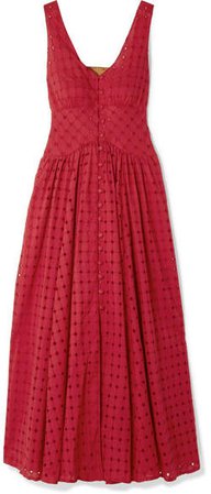 Angela Buckled Broderie Anglaise Cotton Midi Dress - Red
