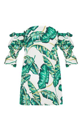 PrettyLittleThing Green Leaf Print Bardot Puff Sleeve Shift Dress