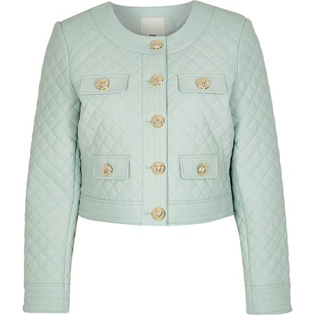 Green faux leather diamond quilted jacket | River Island