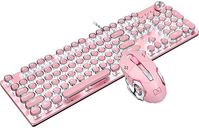 Amazon.com: Basaltech Mechanical Gaming Keyboard and Mouse Combo, Retro Steampunk Vintage Typewriter-Style Keyboard with LED Backlit, 104-Key Anti-Ghosting Blue Switch Wired USB Metal Panel Round Keycaps, Pink: Computers & Accessories