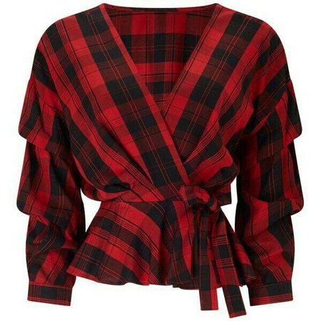 Red Checked Tuck Sleeve Wrap Blouse