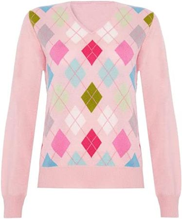 Scottish Wear Ladies Cashmere Argyle V Neck Sweater at Amazon Women’s Clothing store