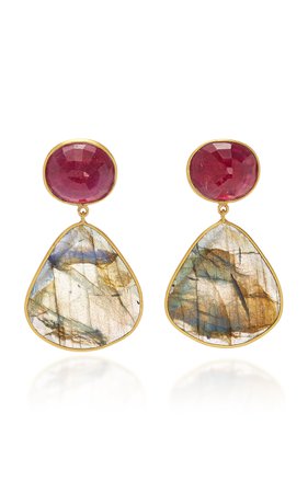 18K Gold, Ruby and Labradorite Earrings by Bahina | Moda Operandi