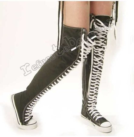 Punk Emo Goth Thigh High Canvas Lace Up Sneaker Boots Black And White      (2) By Refuse To Be Usual $89.00 USD