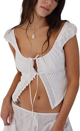 Women Lace Frill Crop Camis Square Neck Sleeveless Tank Tops Aesthetic Kawaii Tanks Vest Sweet Fairy 00S Streetwear at Amazon Women’s Clothing store