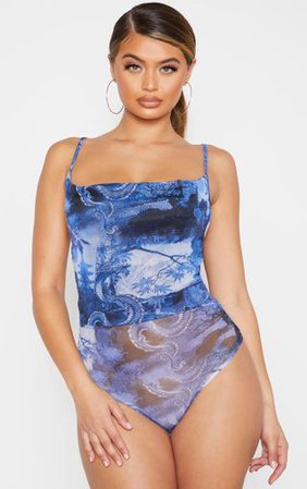 Blue Mesh Oriental Print Ruched Bodysuit | PrettyLittleThing