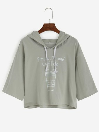 Coffee Cup Slogan Print Drawstring Hooded T-Shirt