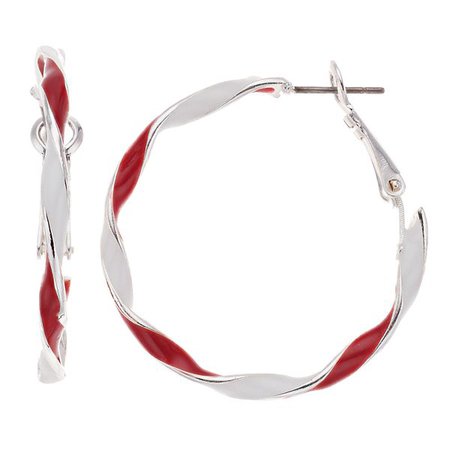 Red & White Stripe Twist Nickel Free Hoop Earrings