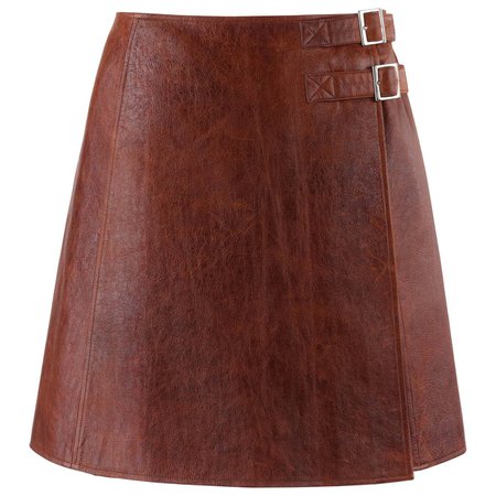 PACO RABANNE Sienna Brown Lamb Leather Dual Buckle A-Line Wrap Skirt For Sale at 1stDibs