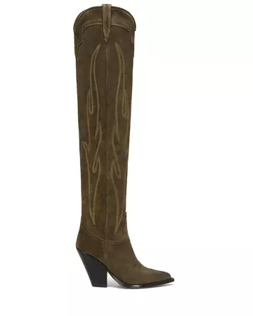 Woman Over the Knee Boots in Olive Suede Oil with On Tone Embroidey | HERMOSA | Sonora Boots