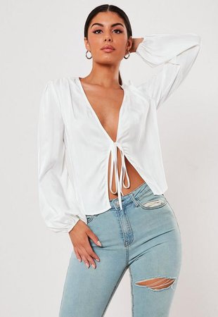 White Jacquard Stripe Tie Front Blouse | Missguided