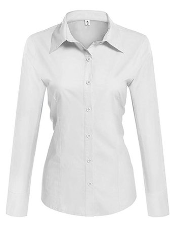 HOTOUCH Women Collared Button Down Long Sleeve Dress Shirt/White/Medium at Amazon Women’s Clothing store