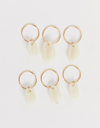 ASOS DESIGN pack of 6 hair rings with shell charms in gold tone | ASOS