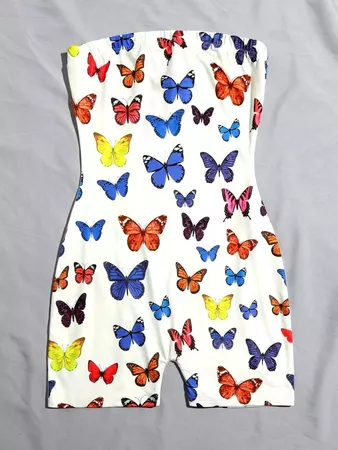 Butterfly Print Tube Romper Without Bag | SHEIN USA white