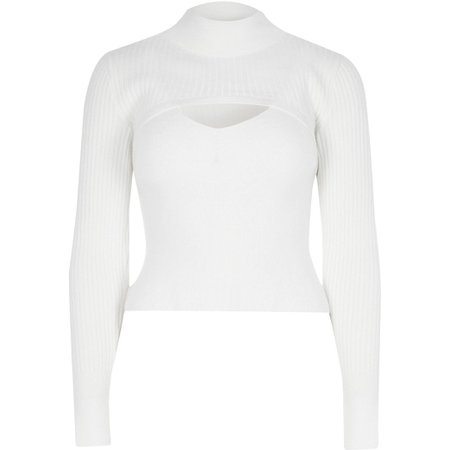 Cream long sleeve 2 in 1 fitted knit set | River Island