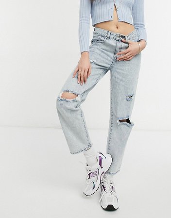 Cotton:On straight leg jeans in blue with rips | ASOS