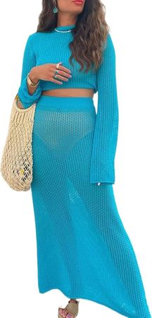 Amazon.com: Women's Long Sleeve Hollow Out Knitted Maxi Long Dress See Through Crochet Cover Ups Long Beach Dresses : Clothing, Shoes & Jewelry