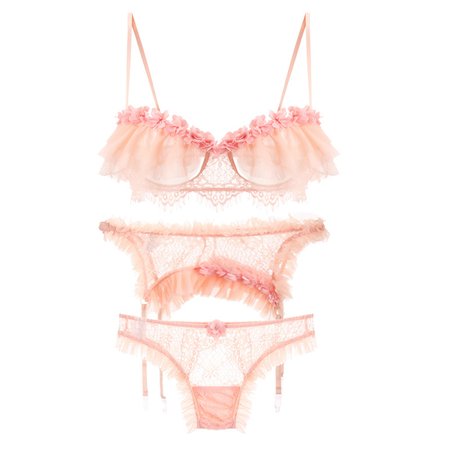 Sexy Bra and Thongs Pajamas Lingerie Set with Garter Women Lace Ruffles Transparent Temptation Applique Intimates Underwear|Bra & Brief Sets| - AliExpress
