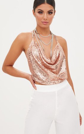 Rose Gold Cowl Neck Sequin Chain Crop Top | NYE in 2019 | Sparkly crop tops, Rose gold sequin top, Tops