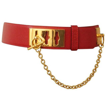 Celine Paris Red Leather Belt With Gold Chain Detail