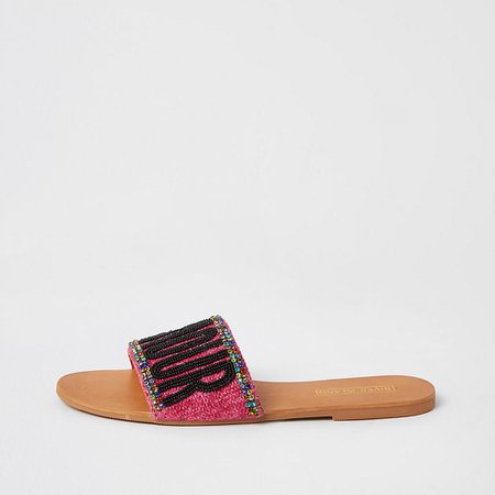 Pink 'L'amour' embellished sandals | River Island