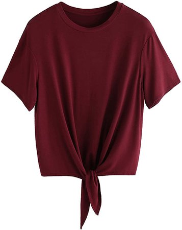 Romwe Women's Short Sleeve Tie Front Knot Casual Loose Fit Tee T-Shirt Burgundy M at Amazon Women’s Clothing store