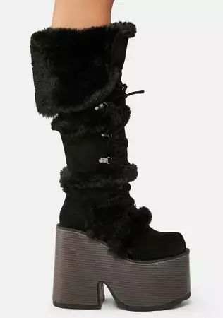 Demonia x Dolls Kill Eskimo-305 Faux Fur Knee High Platform Boots - Black