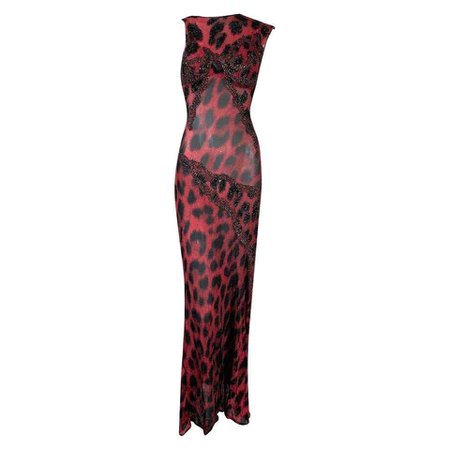 C. 1996 Atelier Versace by Gianni Sheer Red Leopard Beaded Gown Dress For Sale at 1stdibs