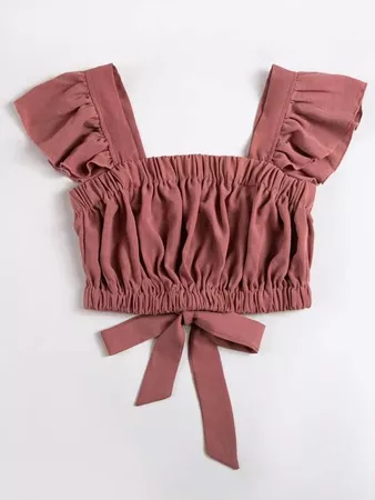 burgundy Ruched Ruffle Trim Tie Back Crop Top | SHEIN USA