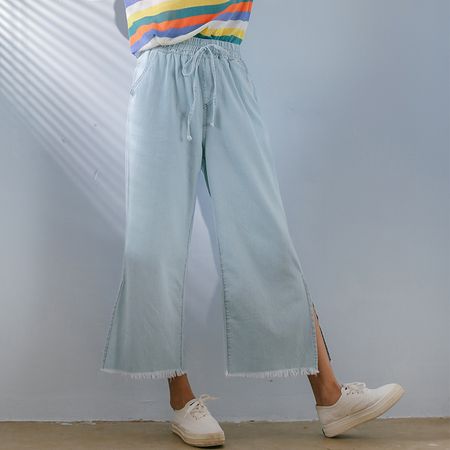 2018 Для женщин Kawaii эластичные Высокая Талия бахрома широкие брюки Разделение джинсы Повседневное штаны милые Япония, Харадзюку деним для Для женщин купить на AliExpress