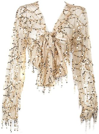 Withchic Golden Sequin Crop Shirt Sheer V-Neck Tie Front Blouse Top Cover Ups (M) at Amazon Women’s Clothing store