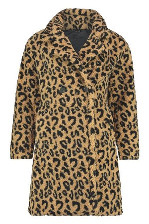 Leopard Printed Teddy Fur Coat | Boohoo camel