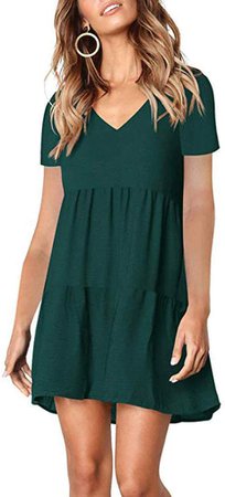 Sherosa Tunic Dress Women's Casual Pleated v Neck Loose fit Shift Dress (S, Wine Red) at Amazon Women’s Clothing store