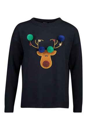 Reindeer Applique Sweater With Pom Pom | Boohoo blue