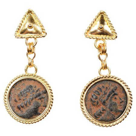 Artisan-Crafted Dangling Earrings from Late Roman Era Bronze Coins and 21 kt Gold For Sale at 1stDibs
