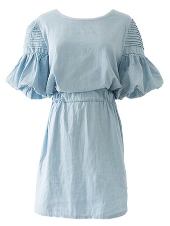 Special Offers 365 Days Return Blue Denim Puff Sleeve Elastic Waist Dress Popular | 17.9800