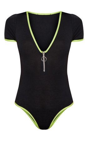 Black Neon Trim Zip Short Sleeve Bodysuit - Bodysuits - Tops - from £4 - Clothing | PrettyLittleThing