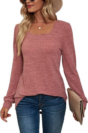Amazon.com: Besiboo Womens Tunic Tops for Leggings Square Neck Puff Long Sleeve Dressy Casual Shirts Oversized Loose Fit Winter Clothes Pink : Clothing, Shoes & Jewelry